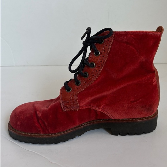 Penelope Chilvers red velvet boots lace up laser cut trim combat boots boots - Picture 8 of 16